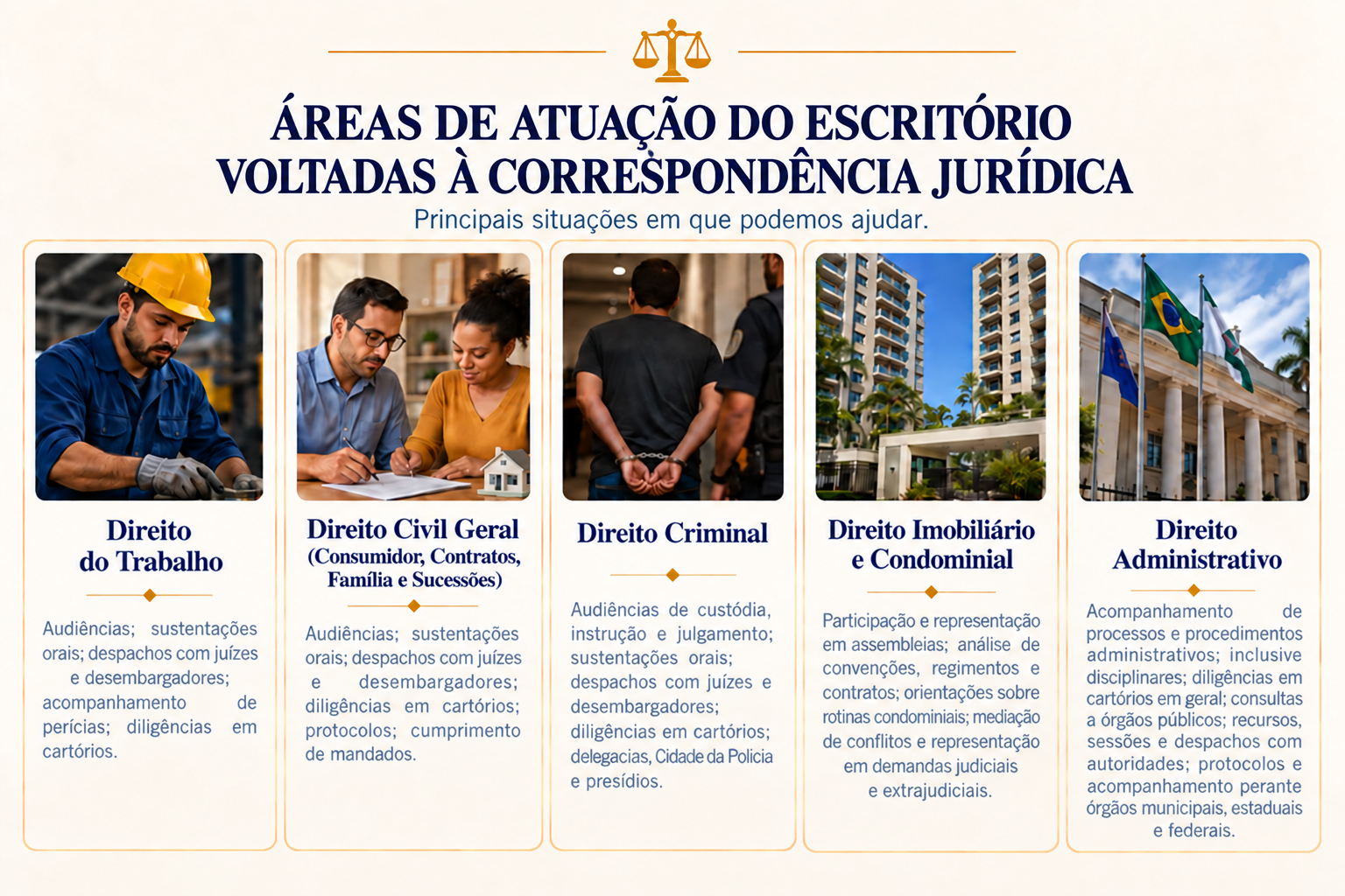 Áreas de atuação do escritório voltadas à correspondência jurídica: Direito do Trabalho, Civil Geral, Criminal, Imobiliário e Condominial e Administrativo